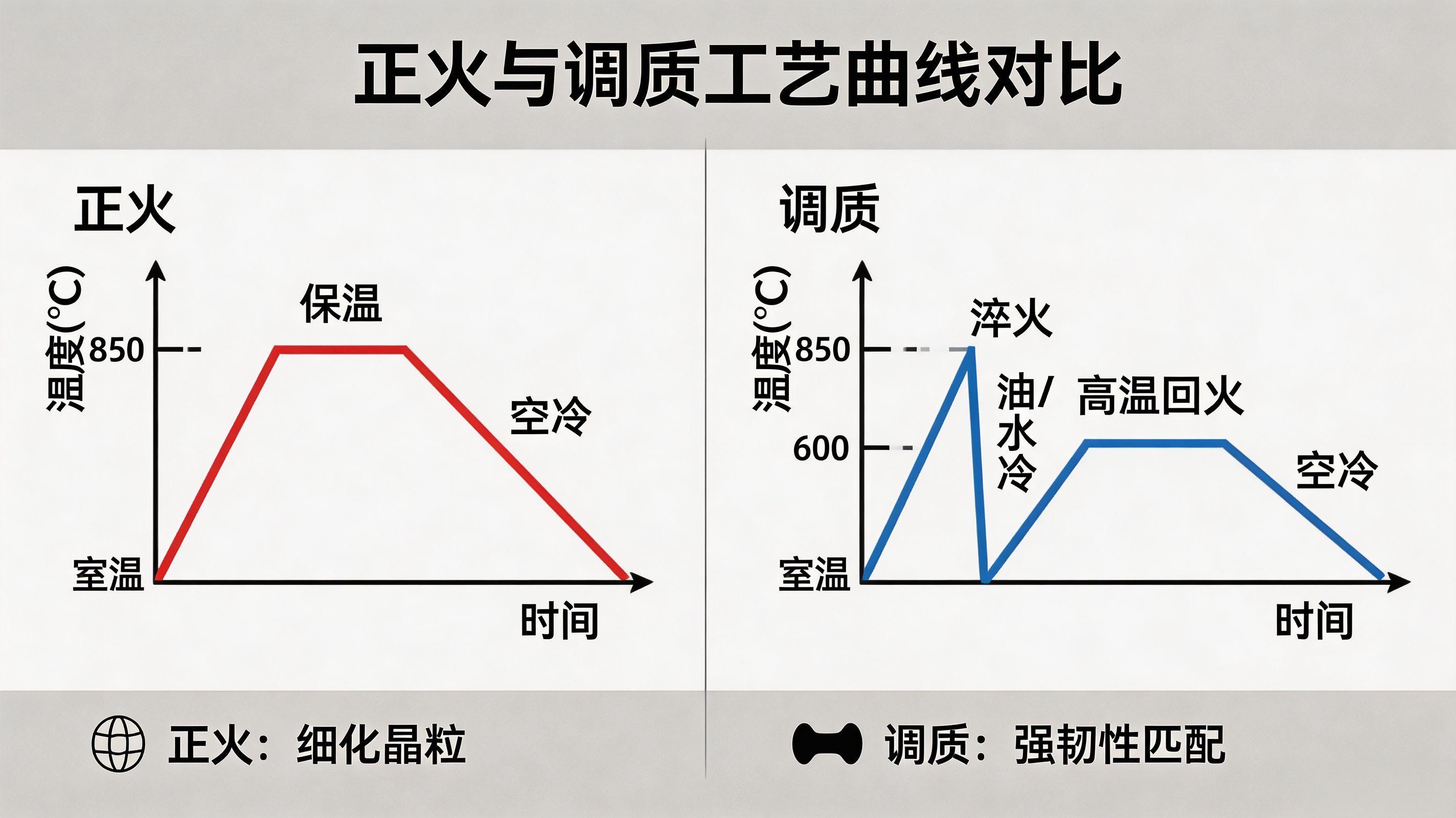 调质（淬火+高温回火）与正火的区别